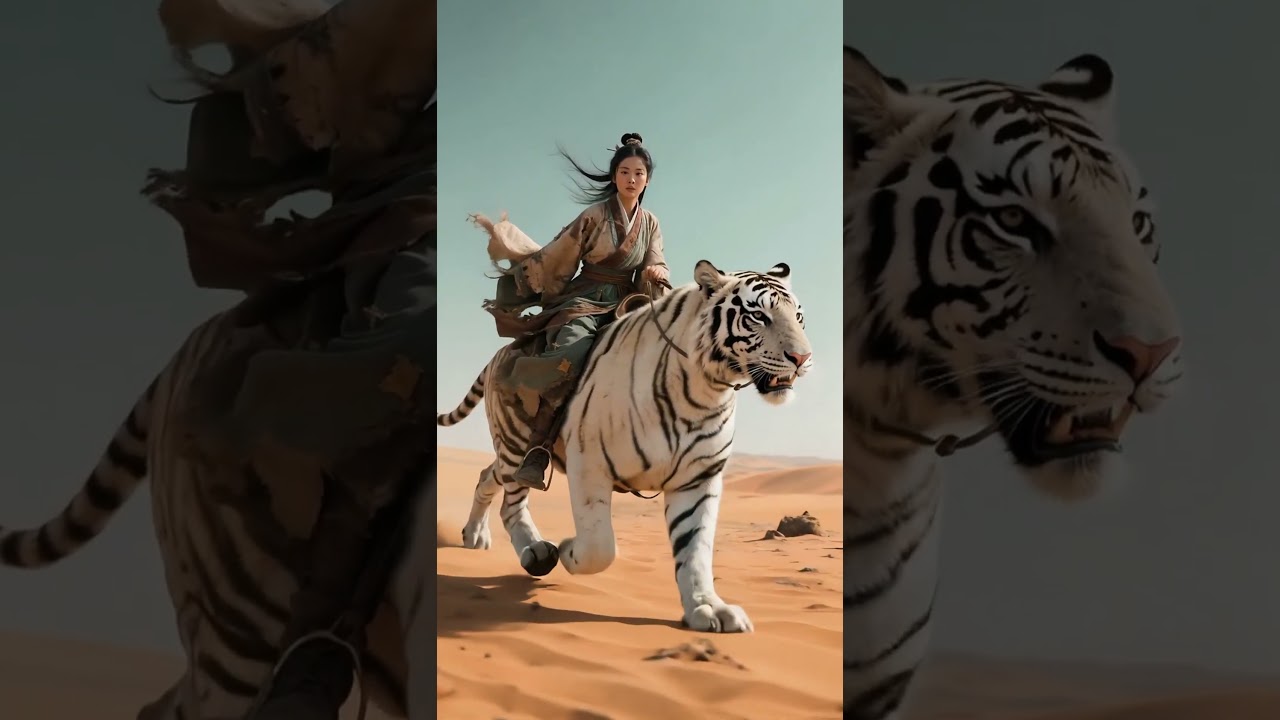 美しい女性が巨大な白い虎に乗る幻想的な映像